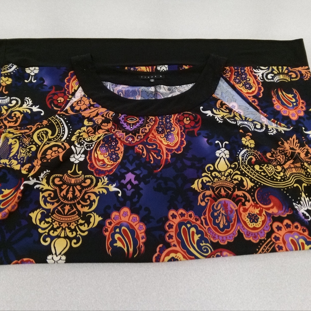 Tiana B Sleeveless Dress - Black, Purple, Orange Emblem Florals Print, sz 2X